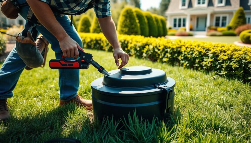 A well-equipped homeowner performing routine septic tank maintenance, working diligently with a professional toolkit. In the foreground, they meticulously inspect the tank lid, the sunlight casting dynamic shadows. In the middle ground, the lush green lawn surrounds the septic system, conveying a sense of pristine, well-maintained property. The background features a picturesque suburban scene, with neatly trimmed hedges and a glimpse of a cozy family home, suggesting the importance of responsible septic care for domestic comfort and convenience. A well-equipped homeowner performing routine septic tank maintenance, working diligently with a professional toolkit. In the foreground, they meticulously inspect the tank lid, the sunlight casting dynamic shadows. In the middle ground, the lush green lawn surrounds the septic system, conveying a sense of pristine, well-maintained property. The background features a picturesque suburban scene, with neatly trimmed hedges and a glimpse of a cozy family home, suggesting the importance of responsible septic care for domestic comfort and convenience.