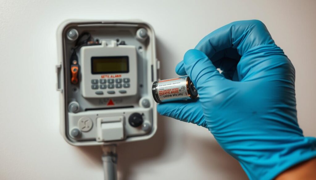 A well-lit, close-up view of a hand carefully removing the old battery from a septic alarm system. The foreground shows the septic alarm housing, with its digital display and various controls. In the middle ground, a hand wearing protective rubber gloves gently disconnects the old battery, which is partially visible. The background is a clean, neutral environment, emphasizing the technical nature of the task. The lighting is soft and even, illuminating the intricate details of the septic alarm and the delicate battery replacement process. The overall mood is one of precision, care, and attention to safety. A well-lit, close-up view of a hand carefully removing the old battery from a septic alarm system. The foreground shows the septic alarm housing, with its digital display and various controls. In the middle ground, a hand wearing protective rubber gloves gently disconnects the old battery, which is partially visible. The background is a clean, neutral environment, emphasizing the technical nature of the task. The lighting is soft and even, illuminating the intricate details of the septic alarm and the delicate battery replacement process. The overall mood is one of precision, care, and attention to safety.