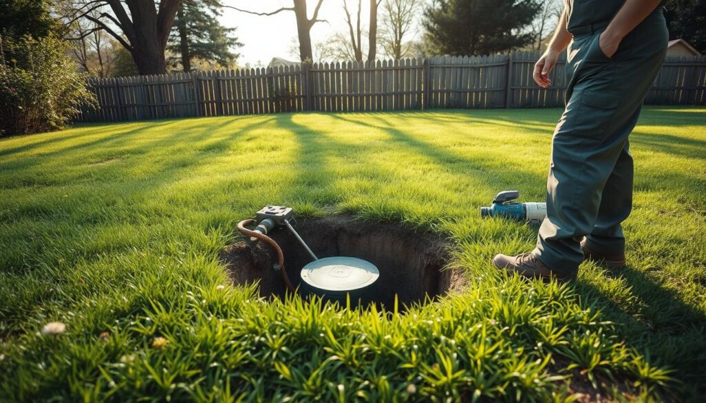 A well-maintained septic system buried in a lush, green backyard. The foreground shows a technician in overalls examining a septic tank access port, with tools and equipment nearby. The middle ground features the grassy, undulating terrain around the system, dotted with fragrant wildflowers. In the background, a wooden fence and tall trees create a sense of privacy and tranquility. Soft, natural lighting illuminates the scene, casting long shadows and creating a serene, pastoral atmosphere. The entire composition conveys the importance of regular septic system maintenance for a healthy, hidden-from-view home infrastructure. A well-maintained septic system buried in a lush, green backyard. The foreground shows a technician in overalls examining a septic tank access port, with tools and equipment nearby. The middle ground features the grassy, undulating terrain around the system, dotted with fragrant wildflowers. In the background, a wooden fence and tall trees create a sense of privacy and tranquility. Soft, natural lighting illuminates the scene, casting long shadows and creating a serene, pastoral atmosphere. The entire composition conveys the importance of regular septic system maintenance for a healthy, hidden-from-view home infrastructure.