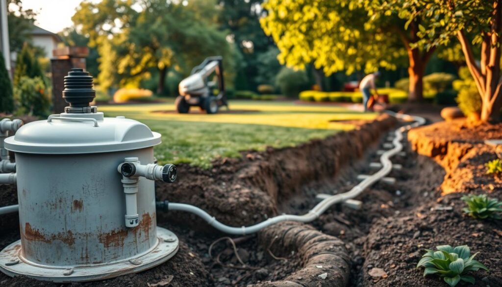 A well-maintained septic system with a modern leach field, surrounded by lush greenery. The foreground features an older septic tank being replaced with a new, state-of-the-art unit, with pipes and valves visible. The middle ground shows the new drainage system being installed, with workers using specialized equipment. In the background, a beautifully landscaped yard with mature trees and shrubs, conveying a sense of harmony between the improved septic infrastructure and the natural environment. Soft, warm lighting illuminates the scene, creating a welcoming and reassuring atmosphere. The overall composition suggests that even older septic systems can be successfully upgraded to meet modern standards and environmental regulations. A well-maintained septic system with a modern leach field, surrounded by lush greenery. The foreground features an older septic tank being replaced with a new, state-of-the-art unit, with pipes and valves visible. The middle ground shows the new drainage system being installed, with workers using specialized equipment. In the background, a beautifully landscaped yard with mature trees and shrubs, conveying a sense of harmony between the improved septic infrastructure and the natural environment. Soft, warm lighting illuminates the scene, creating a welcoming and reassuring atmosphere. The overall composition suggests that even older septic systems can be successfully upgraded to meet modern standards and environmental regulations.