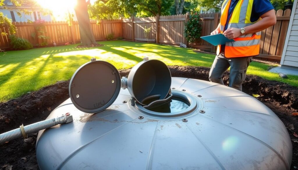 A well-maintained septic tank in a backyard setting, with a technician inspecting the access port and checking the liquid level. Sunlight filters through the trees, casting a warm, natural glow. The technician wears a safety vest and carries a clipboard, conveying a sense of expertise and diligence. In the background, a well-manicured lawn and a wooden fence suggest a well-cared-for property. The scene reflects the importance of regular septic tank maintenance to extend the time between pumpings and ensure the system's longevity. A well-maintained septic tank in a backyard setting, with a technician inspecting the access port and checking the liquid level. Sunlight filters through the trees, casting a warm, natural glow. The technician wears a safety vest and carries a clipboard, conveying a sense of expertise and diligence. In the background, a well-manicured lawn and a wooden fence suggest a well-cared-for property. The scene reflects the importance of regular septic tank maintenance to extend the time between pumpings and ensure the system's longevity.