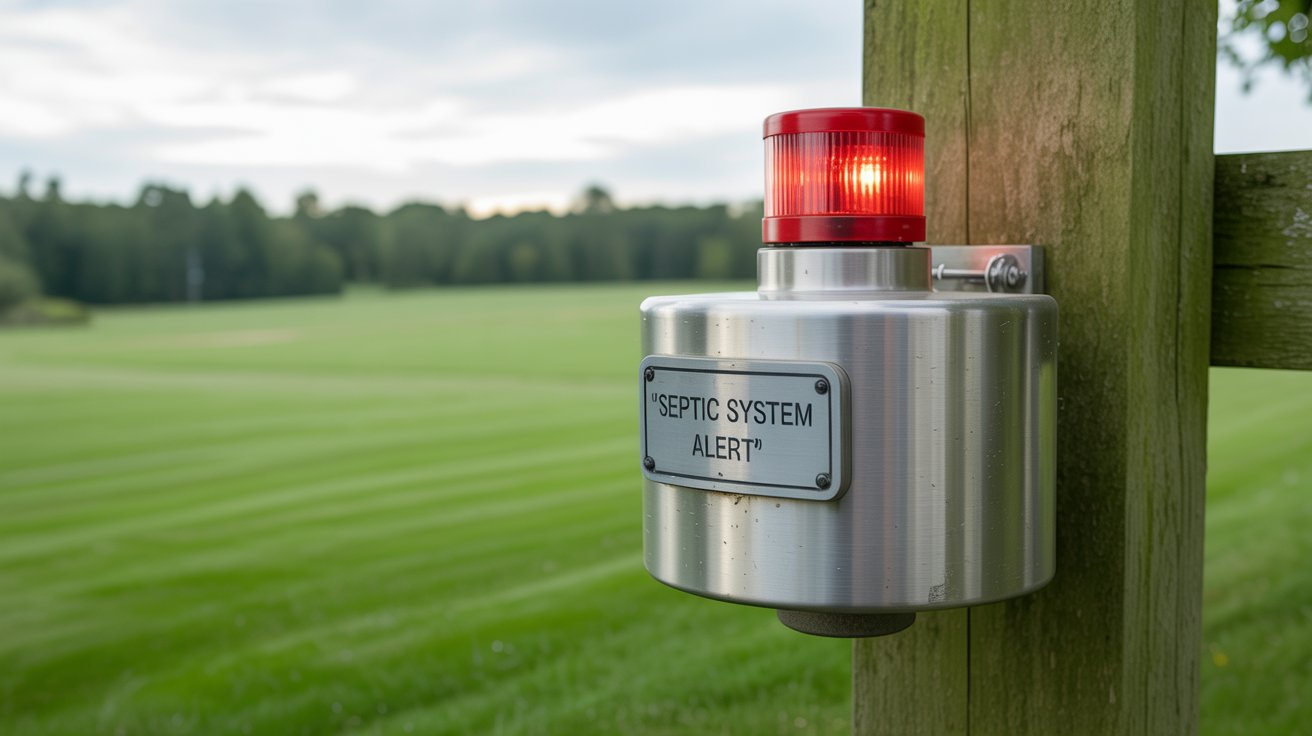A photograph of a modern, stainless steel septic tank alarm mounted on a weathered wooden fence post. The alarm is cylindrical with a bright red warning light blinking intermittently, and a small plaque reads "“Septic System Alert”" in black lettering. Behind the alarm, a lush green lawn stretches towards a distant line of trees under a slightly overcast sky. Soft, diffused light highlights the alarm's metallic surface, creating a stark contrast with the natural background.