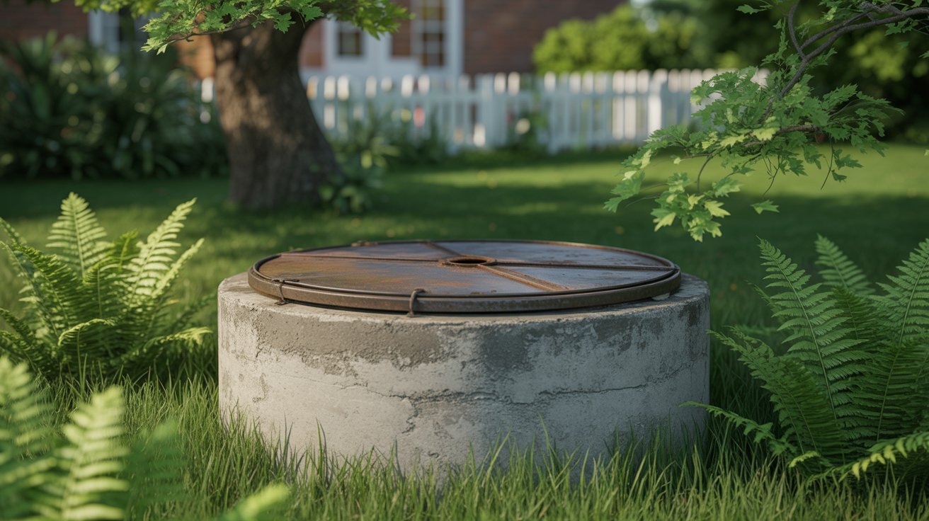 A photograph of a weathered concrete septic tank partially submerged in lush green grass. The tank's circular lid is slightly ajar, revealing a glimpse of dark, moist interior, while its exterior is covered with clinging ivy and moss. Surrounding the tank is a neat, modern septic system field with visible drain pipes crisscrossing the landscape. Soft, diffused sunlight illuminates the scene, highlighting the contrast between the rustic tank and the organized system.